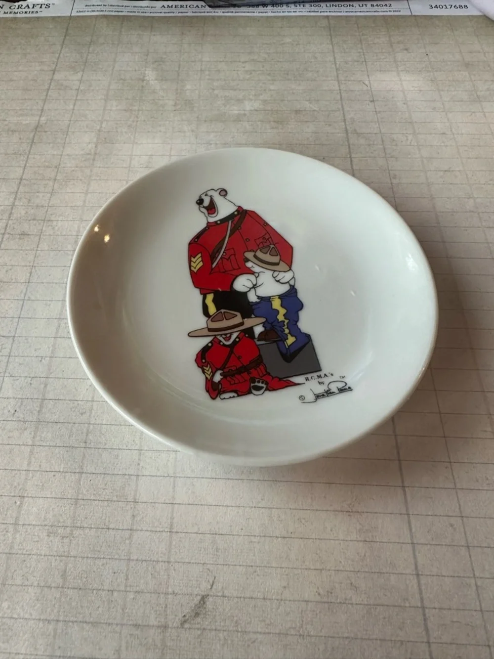 Mountie Bears Ceramic Trinket Dish - White with Red and Blue Artwork